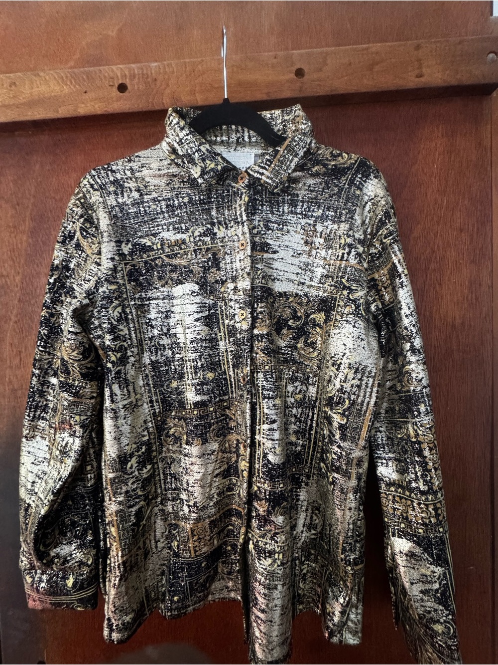 Woven Metallic Black and Gold Button-Up Blouse